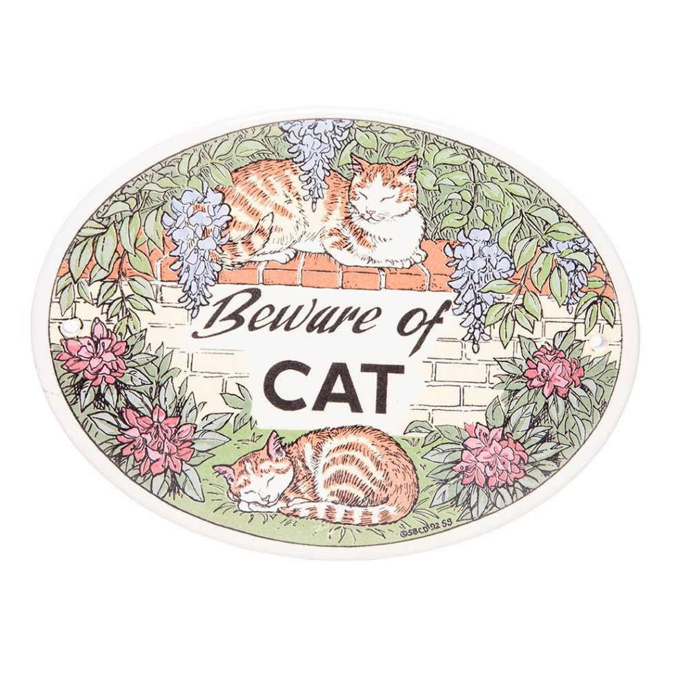 Vintage Santa Barbara Ceramic Design Beware of Cat Oval Plaque Tile Sign